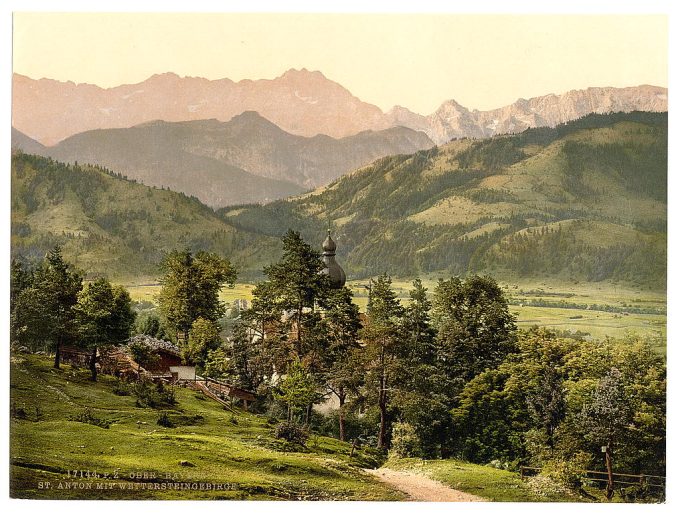 St. Anton with Wettersteingebirge, Upper Bavaria, Germany