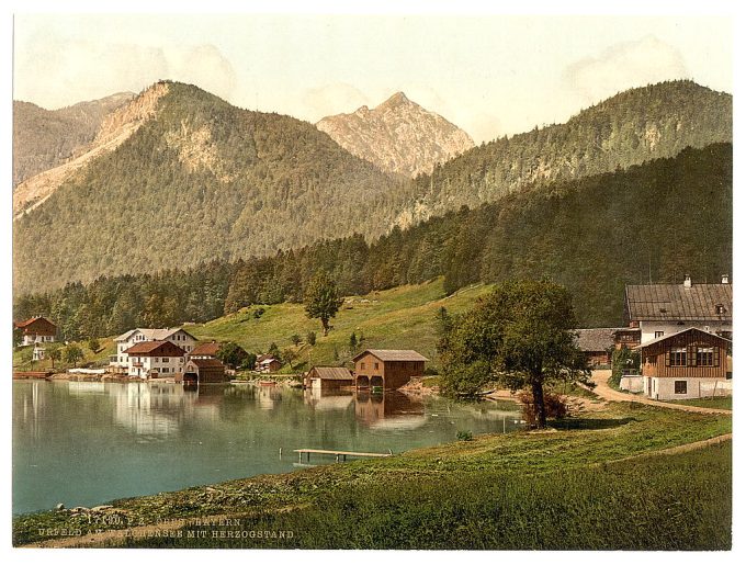 Urfeld on Walchensee wtih Herzogstand, Upper Bavaria, Germany