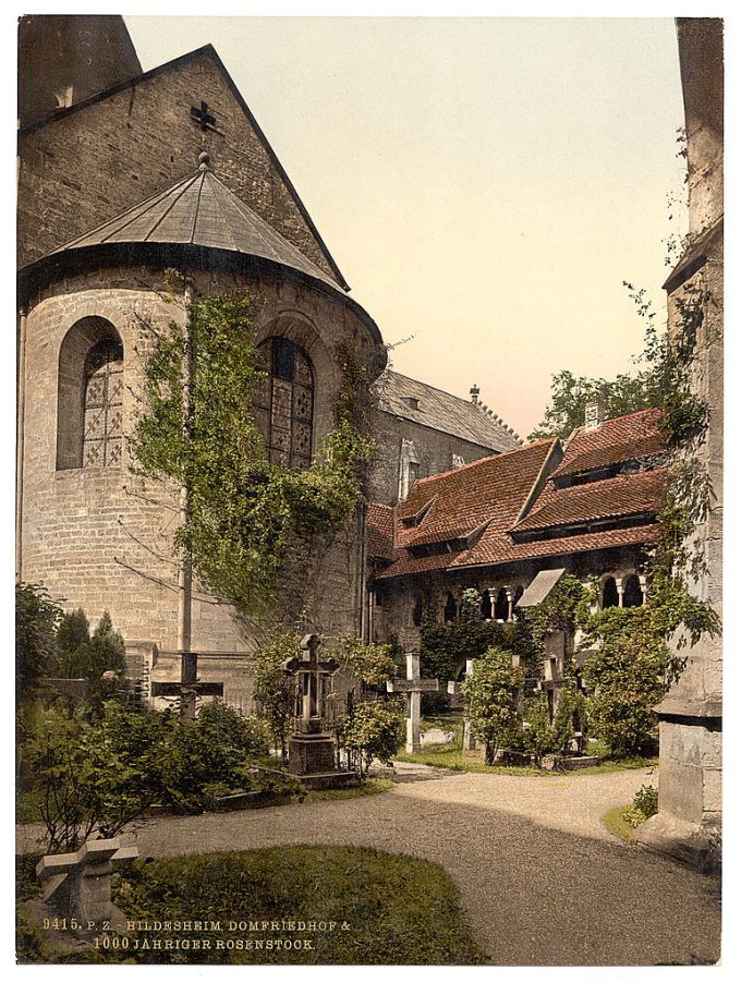 Cathedral, churchyard and 1,000 year old rose tree, Hildesheim, Hanover, Germany