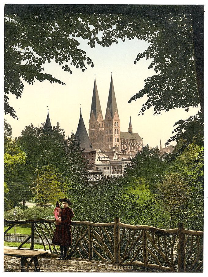 View from wall towards Mary's Church, Lubeck, Germany