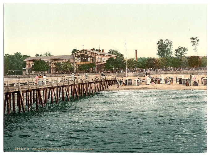 Castle on the beach and bridge, Colberg, Pommeraina, Germany (i.e.,Kolobrzeg, Poland)