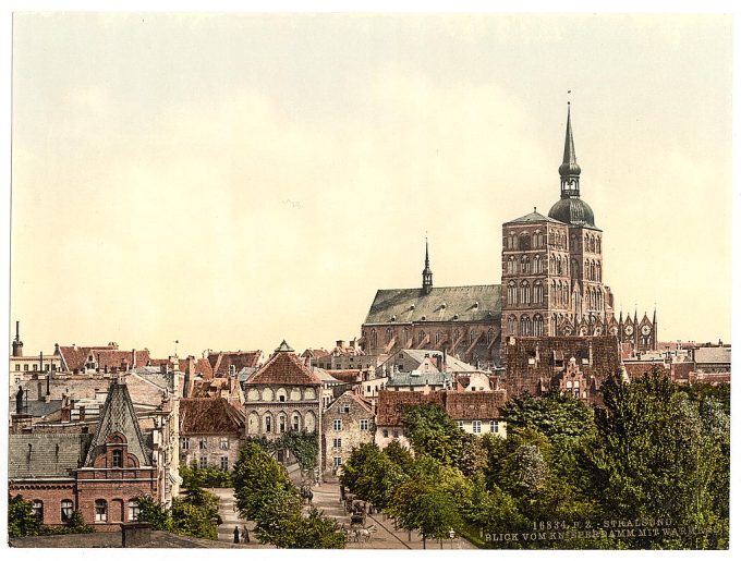 General view, from Knieperdamm, showing warm baths, Stralsund, Pommerainasic], Germany