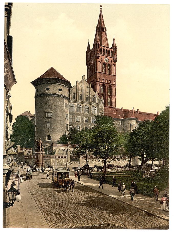 Castle tower and Emperor William's Monument, Konigsberg, East Prussia, Germany (i.e., Kaliningrad, Kaliningradskaia oblast', Russia)