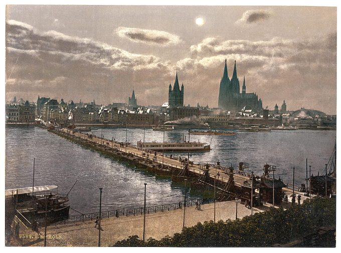 General view, by moonlight, Cologne, the Rhine, Germany