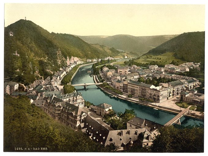 Ems (i.e., Bad Ems) from Kurberg, Ems, the Rhine, Germany