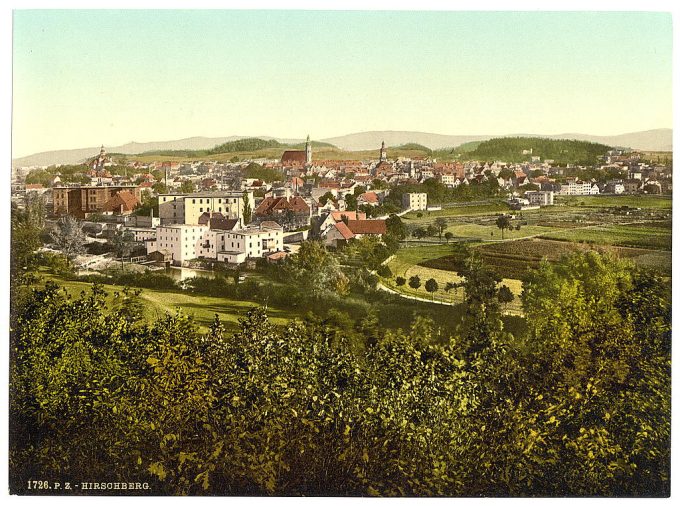 Hirschberg, seen from the Hausberg, Riesengebirge, Germany (i.e., Jelenia Góra, Poland)