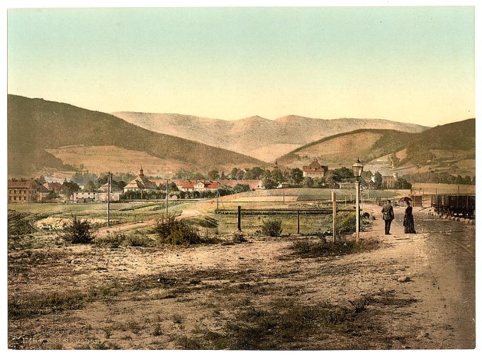 Hermsdorf, below the Kynast, with the Hochgebirge, Riesengebirge, Germany (i.e., Sobiecin, Poland)