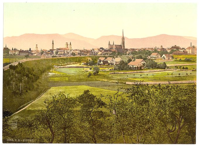 Zittau with mountains, seen from Eckartsberg, Saxony, Germany