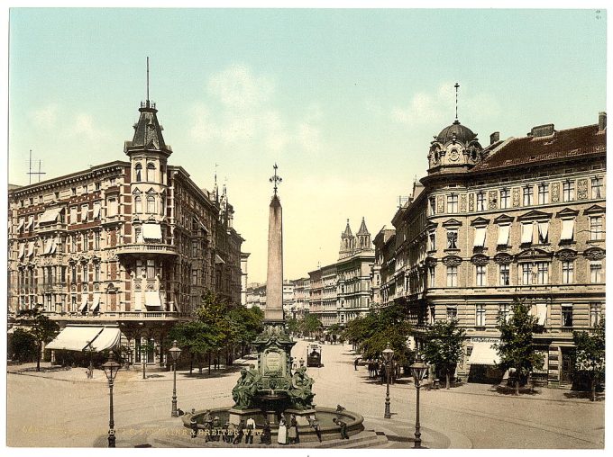 Fountain and Breiter Weg, Madgeburg, German Saxony, Germany